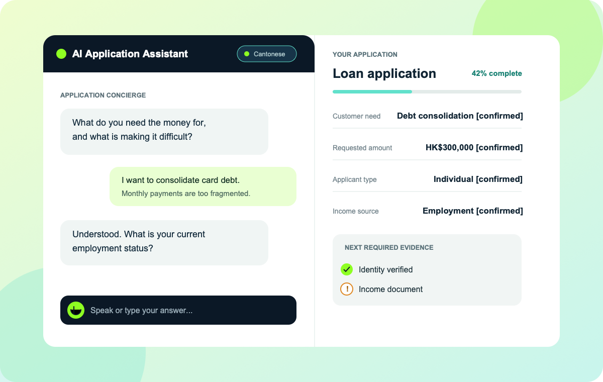 AI assistant interview beside a visibly updating loan application