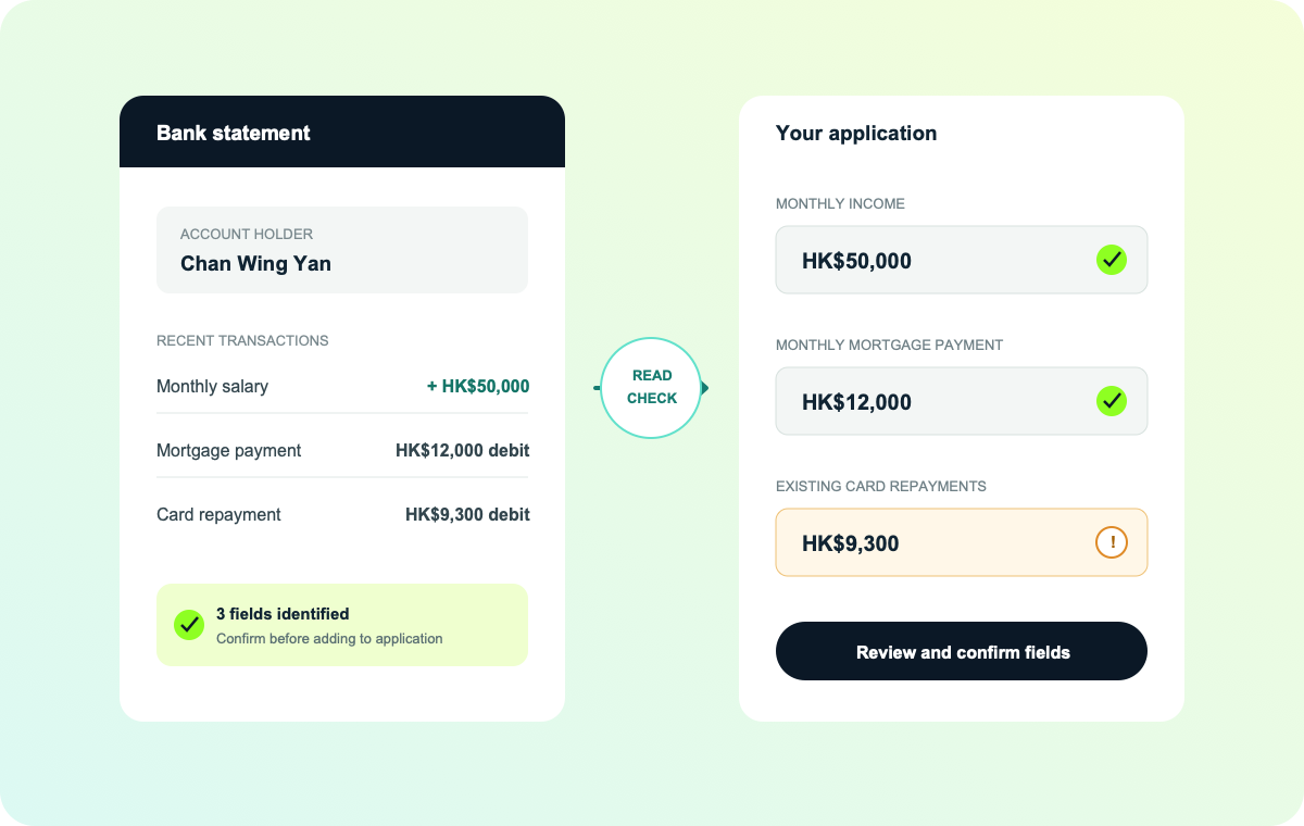 Bank statement information extracted into editable application fields